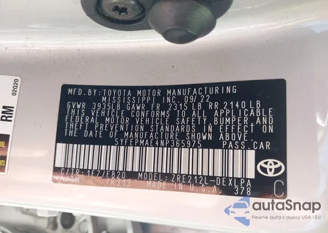 2022 Toyota Corolla Le из США, поврежденный, VIN 5YFEPMAE4NP365975